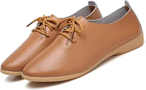 Women's Leather Lace Up Flats Pointed Loafers,Fashion Soft Bottom Low Lightweight Comfort Slip-On Business Formal Work Dress Walking Oxfords Sneakers