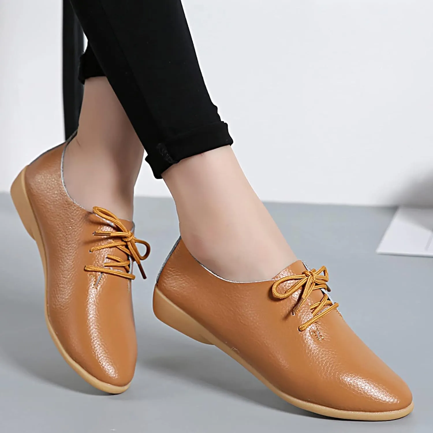 Women's Leather Lace Up Flats Pointed Loafers,Fashion Soft Bottom Low Lightweight Comfort Slip-On Business Formal Work Dress Walking Oxfords Sneakers