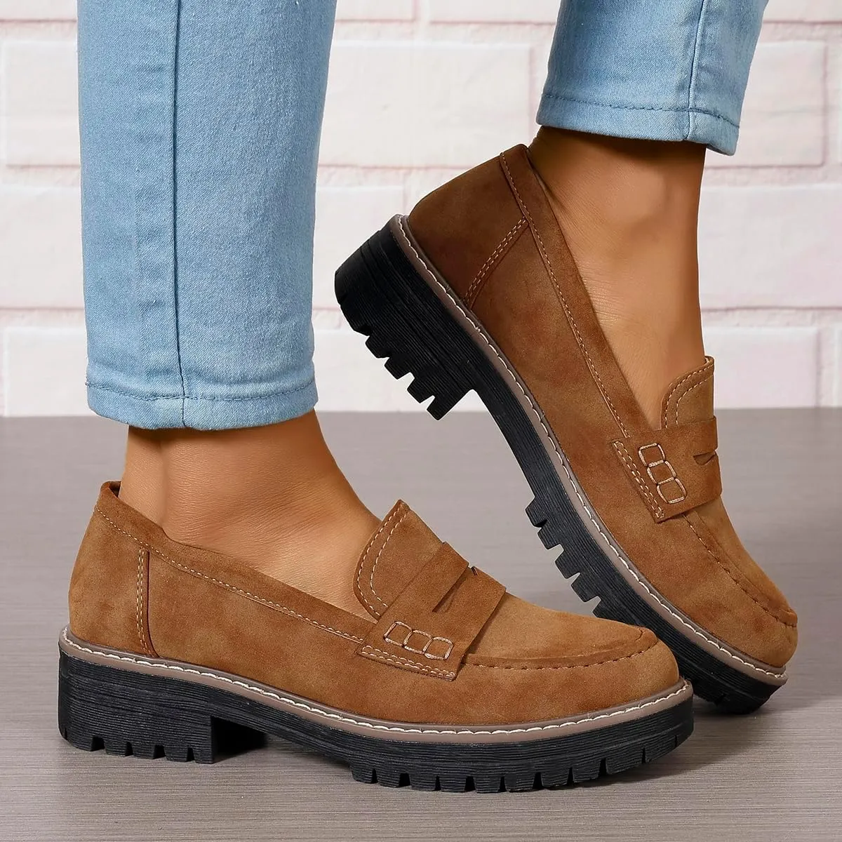 Womens Loafers Shoes Platform Chunky Penny Loafer Lug Sole Comfortable Slip On Work Office Business Casual Dress Shoes, US Size 5-11