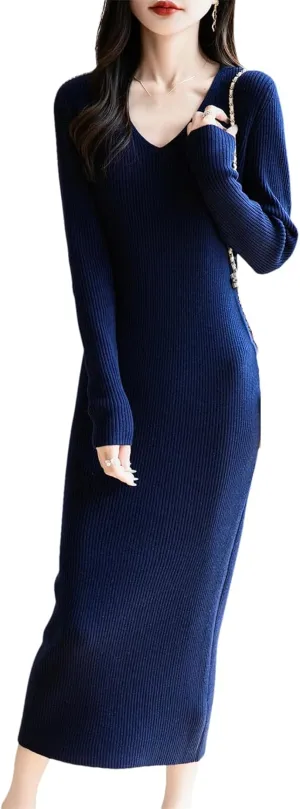 Women’S Long Dress V-Neck Long Sleeve Mid-Calf Pullover Sweater Dress