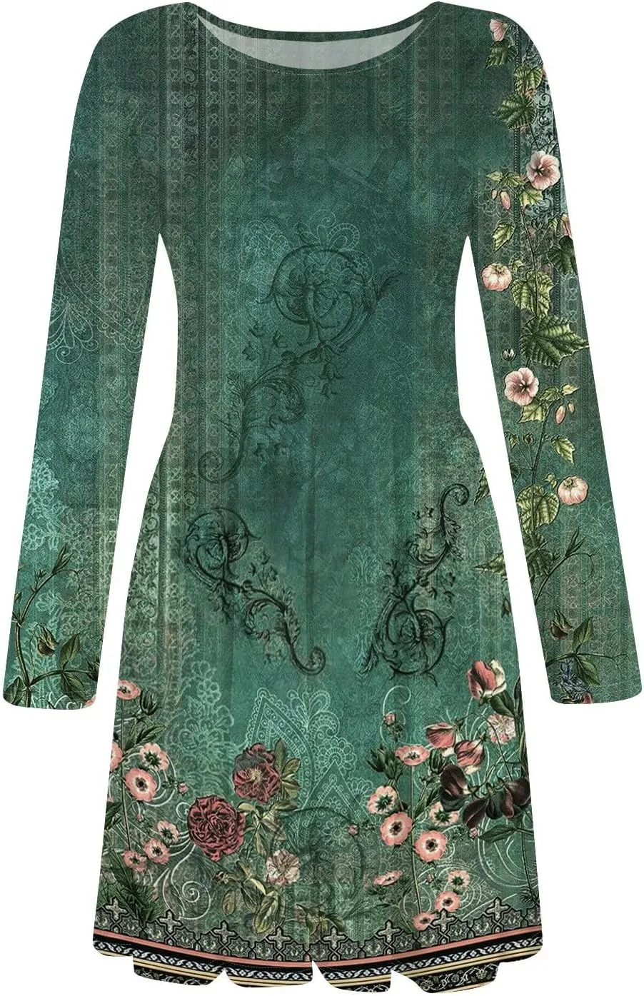 Women's Long Sleeve Dress Boho Pleated Loose Swing Casual Dress with Pockets Knee Length Dresses 2025 Spring Fashion