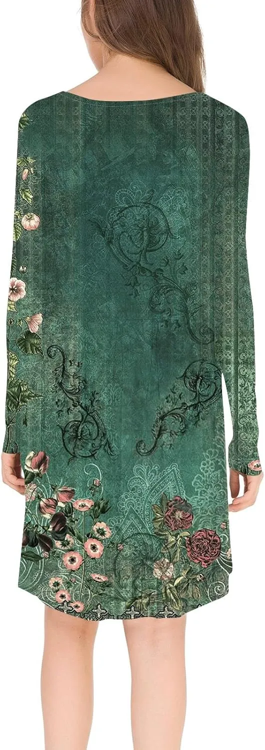 Women's Long Sleeve Dress Boho Pleated Loose Swing Casual Dress with Pockets Knee Length Dresses 2025 Spring Fashion