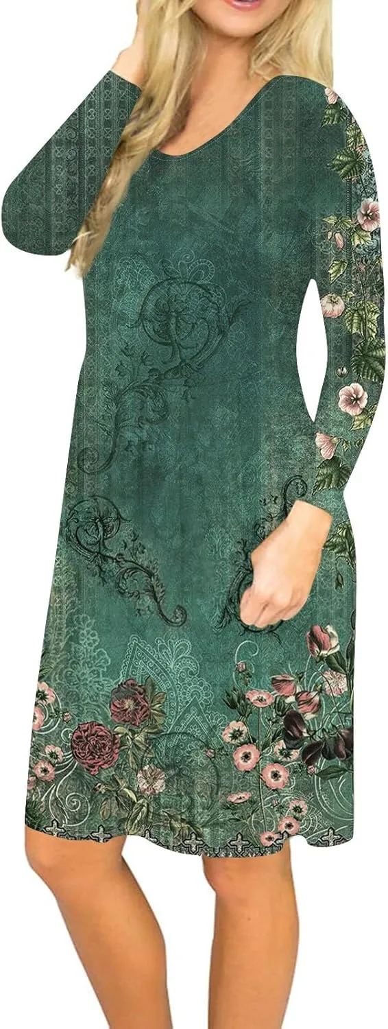 Women's Long Sleeve Dress Boho Pleated Loose Swing Casual Dress with Pockets Knee Length Dresses 2025 Spring Fashion