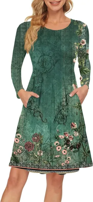 Women's Long Sleeve Dress Boho Pleated Loose Swing Casual Dress with Pockets Knee Length Dresses 2025 Spring Fashion