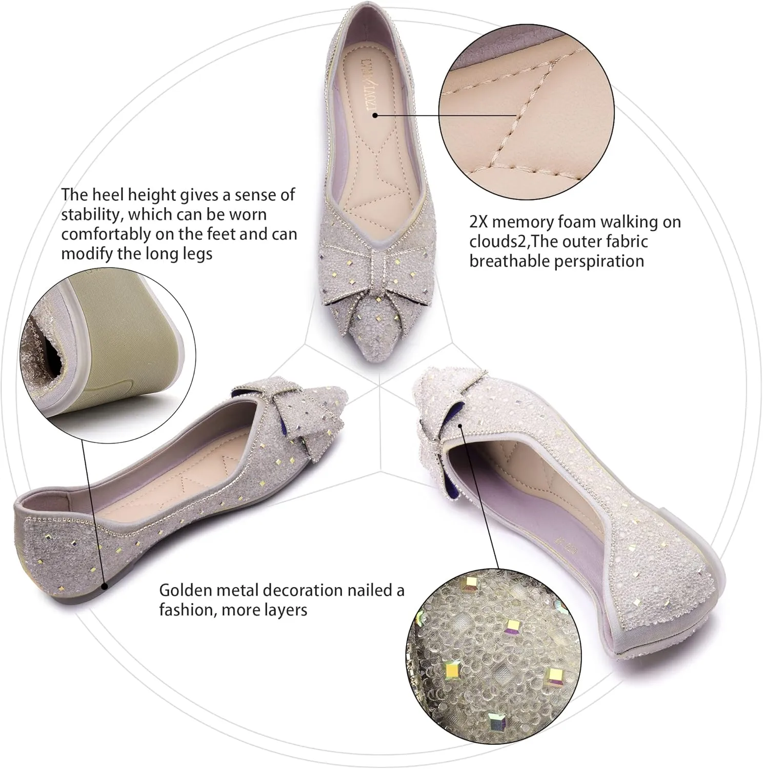 Women's Pointed Rhinestone Flat Shoes Glitter Flowers Wedding Comfortable Dress Shoes