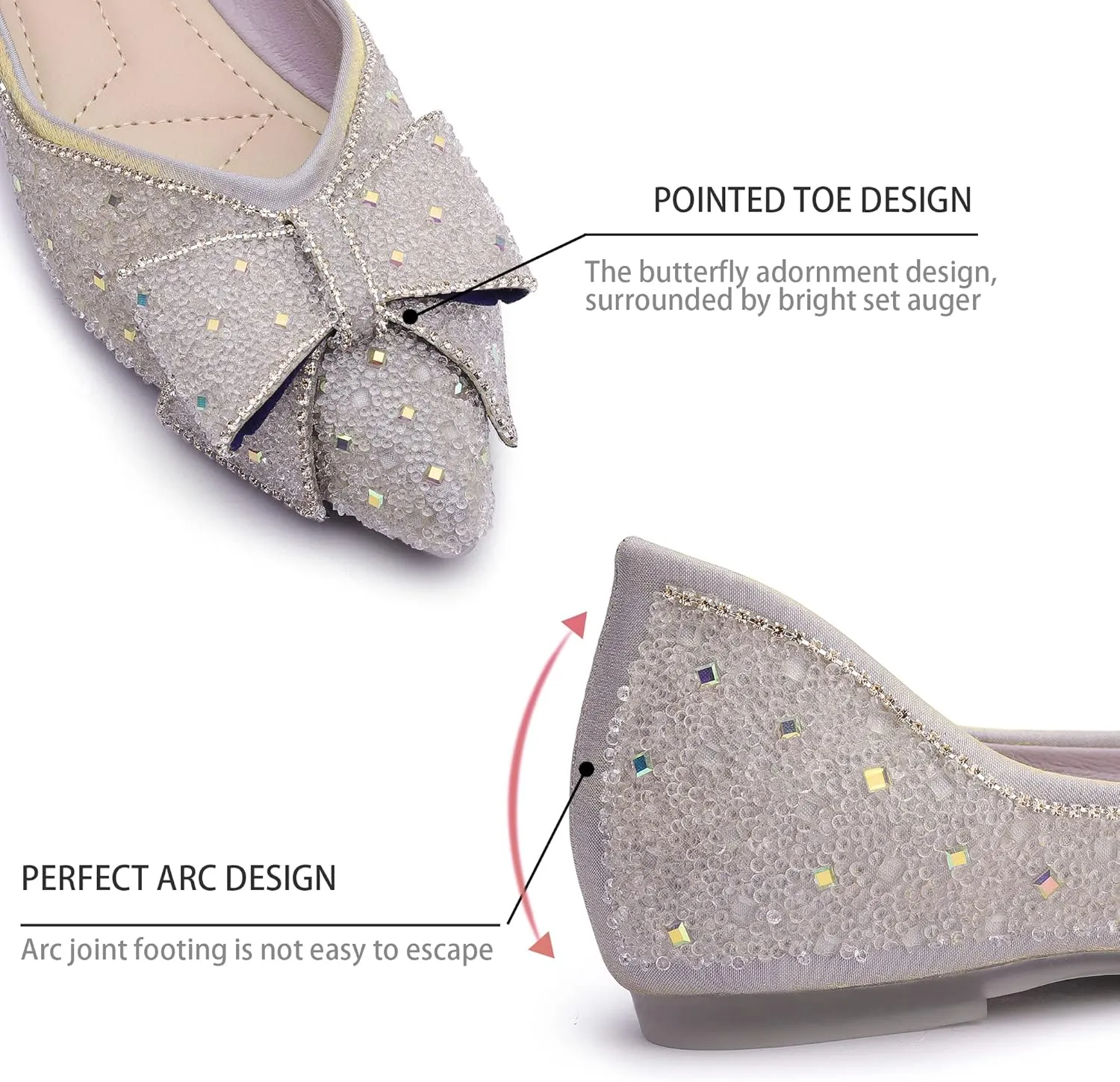 Women's Pointed Rhinestone Flat Shoes Glitter Flowers Wedding Comfortable Dress Shoes