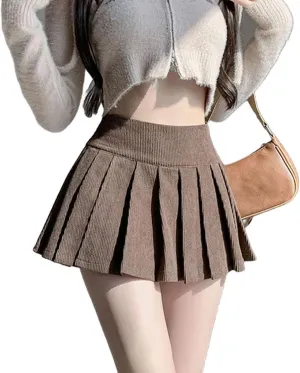 Women's Retro Corduroy Pleated Skirt High Waist Casual Vintage School Short Saias