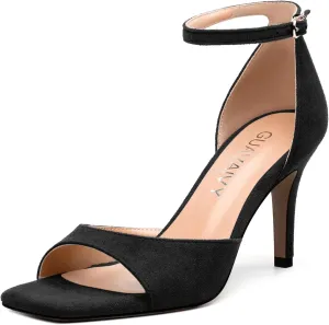 Women's Sandals, High Stilettos Open Square Toe, Ankle Strap Solid Fashion Dress Shoes, Wedding Party Working Heeled Sandals