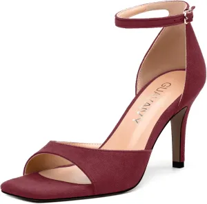 Women's Sandals, High Stilettos Open Square Toe, Ankle Strap Solid Fashion Dress Shoes, Wedding Party Working Heeled Sandals