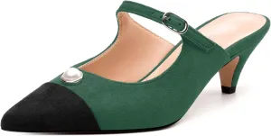 Women's Sandals, Pointed Toe Low Kitten Heels, Two Toned Patchwork Fashion Backstrap Buckle Slide Sandal for Working Wedding Party