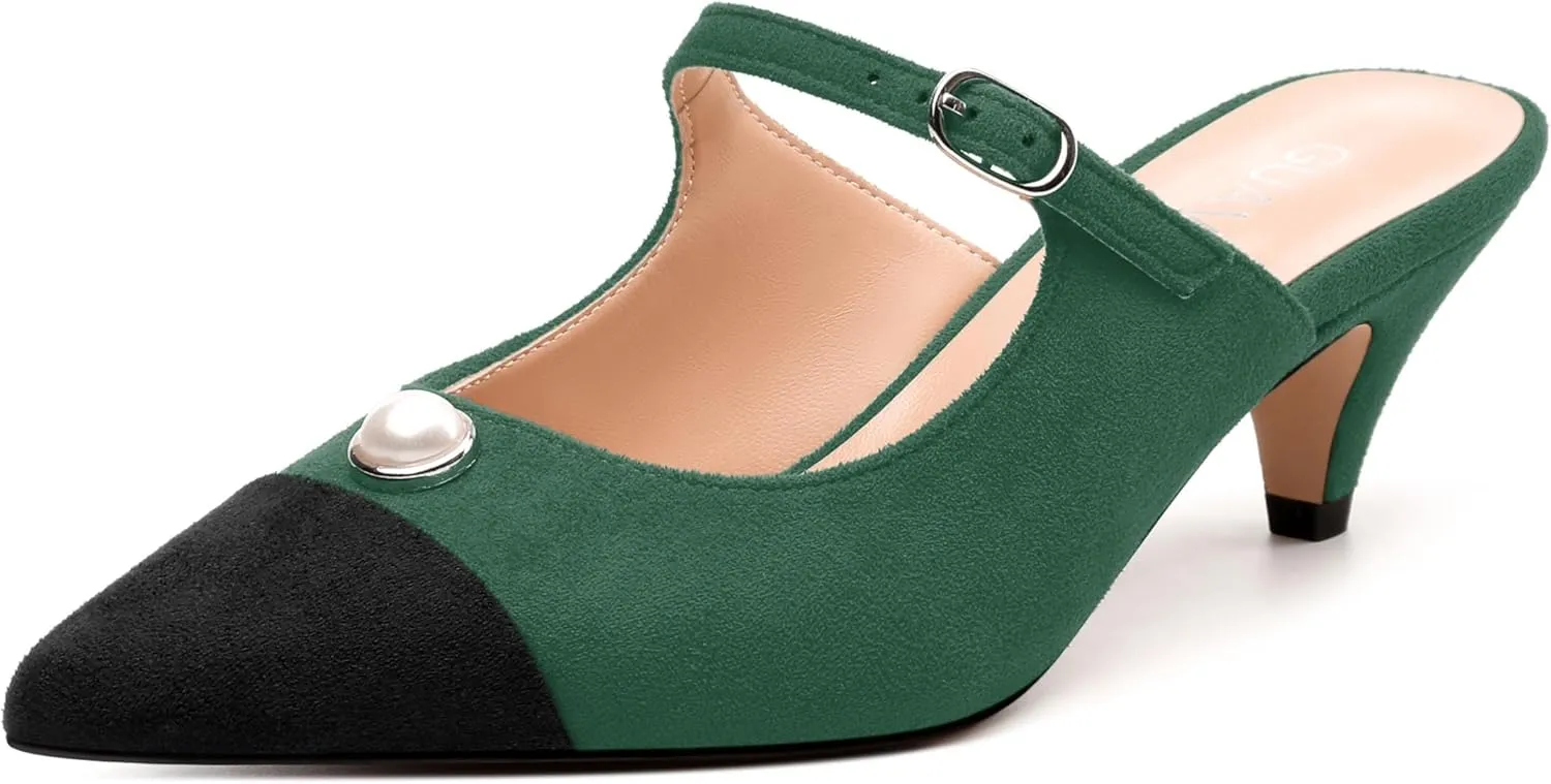 Women's Sandals, Pointed Toe Low Kitten Heels, Two Toned Patchwork Fashion Backstrap Buckle Slide Sandal for Working Wedding Party