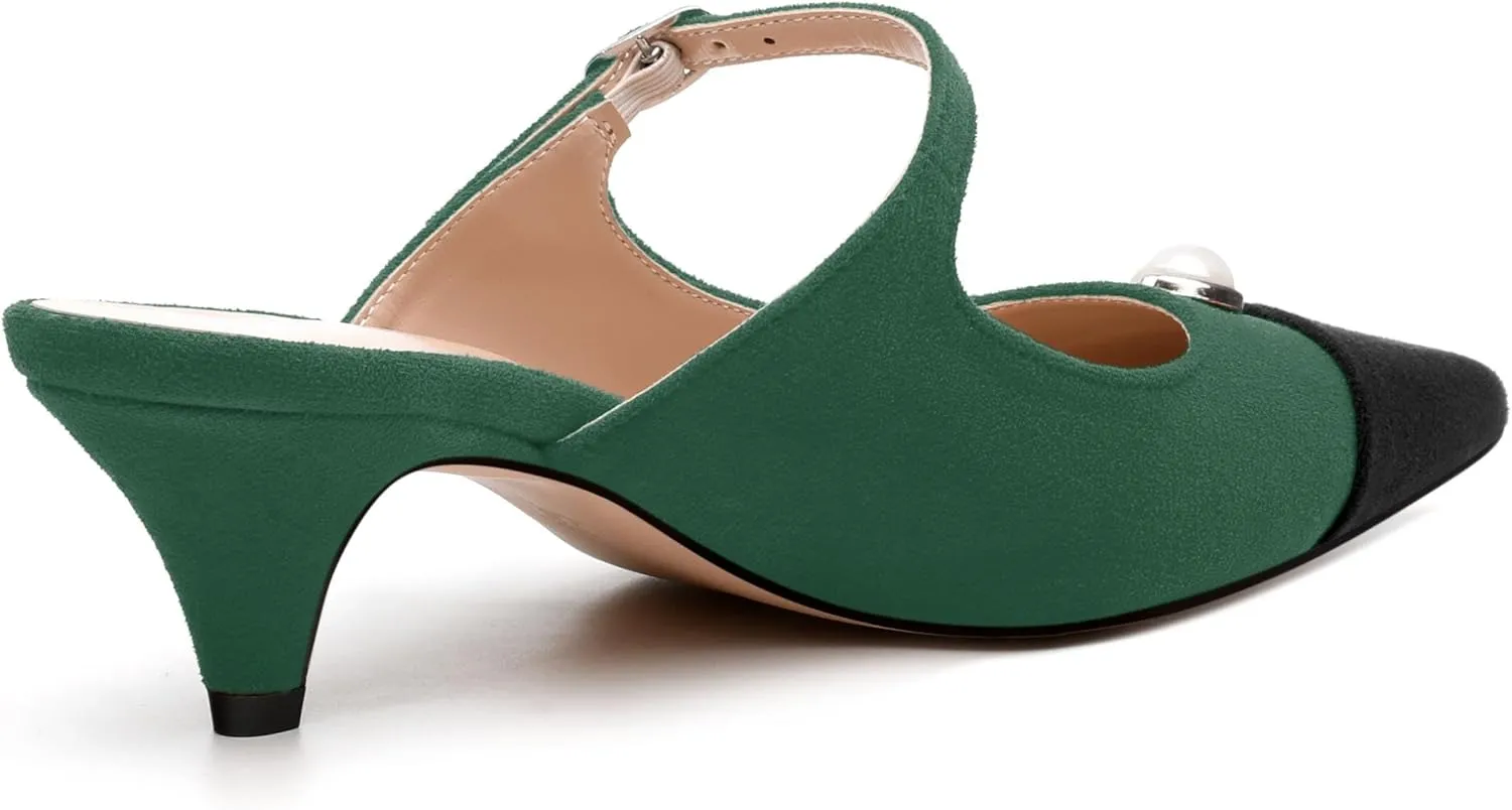 Women's Sandals, Pointed Toe Low Kitten Heels, Two Toned Patchwork Fashion Backstrap Buckle Slide Sandal for Working Wedding Party