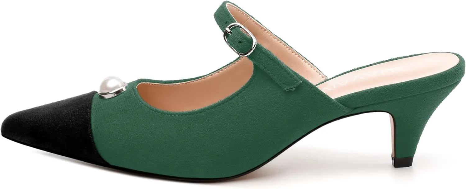 Women's Sandals, Pointed Toe Low Kitten Heels, Two Toned Patchwork Fashion Backstrap Buckle Slide Sandal for Working Wedding Party