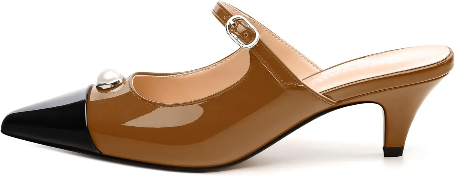 Women's Slide Sandals, Backstrap Buckle Low Kitten Heels, Two Toned Patchwork Pointed Toe, Fashion Party Daily Dress Shoes for Women