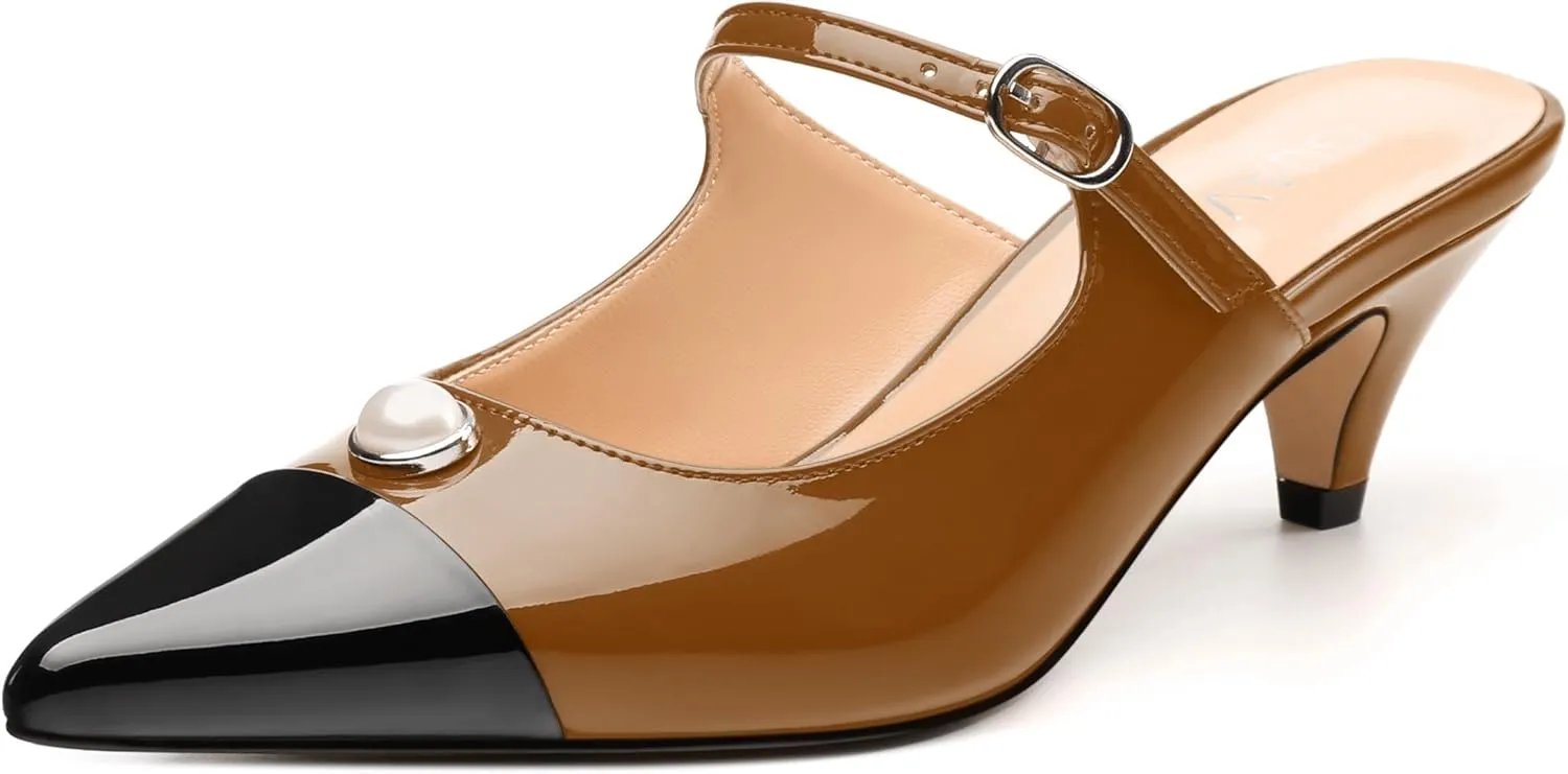Women's Slide Sandals, Backstrap Buckle Low Kitten Heels, Two Toned Patchwork Pointed Toe, Fashion Party Daily Dress Shoes for Women