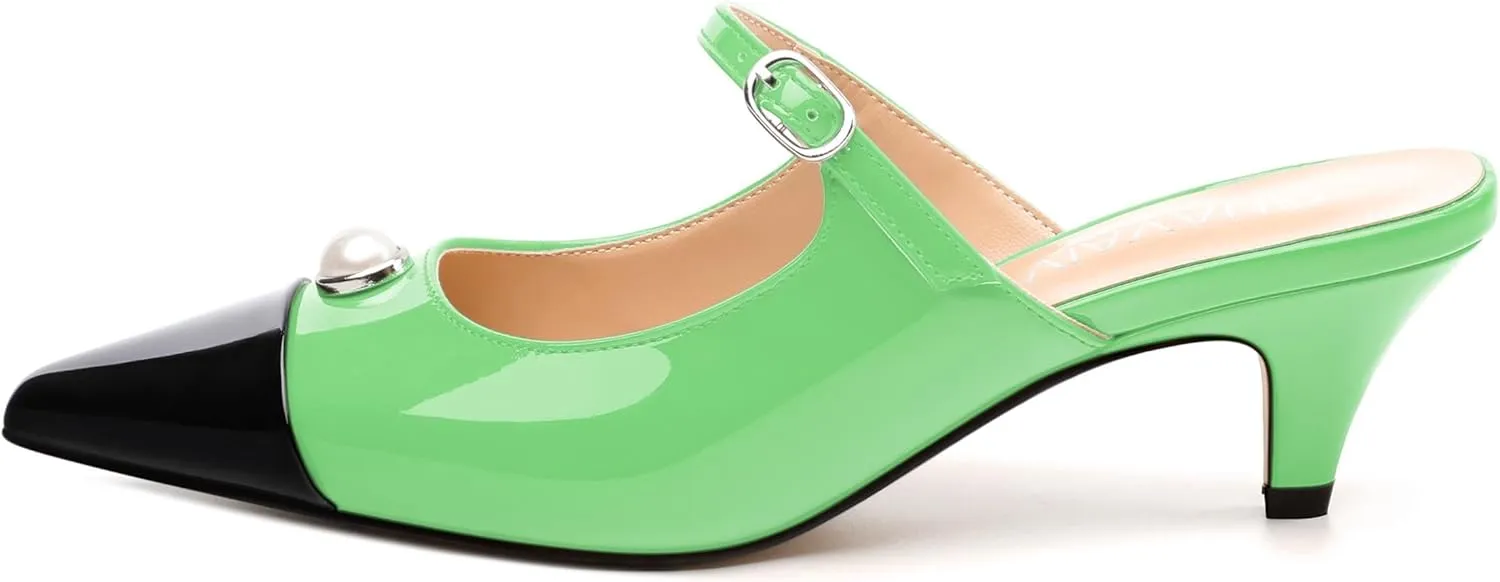Women's Slide Sandals, Backstrap Buckle Low Kitten Heels, Two Toned Patchwork Pointed Toe, Fashion Party Daily Dress Shoes for Women