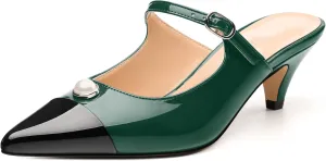 Women's Slide Sandals, Backstrap Buckle Low Kitten Heels, Two Toned Patchwork Pointed Toe, Fashion Party Daily Dress Shoes for Women