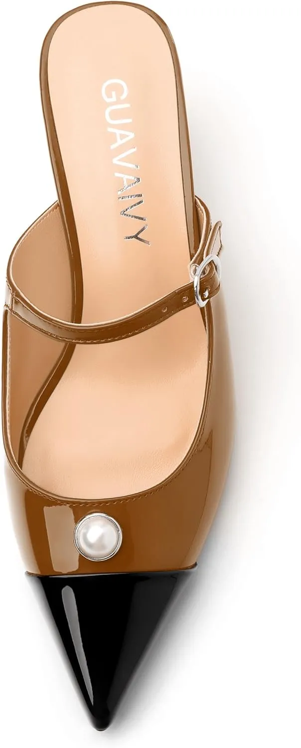 Women's Slide Sandals, Backstrap Buckle Low Kitten Heels, Two Toned Patchwork Pointed Toe, Fashion Party Daily Dress Shoes for Women