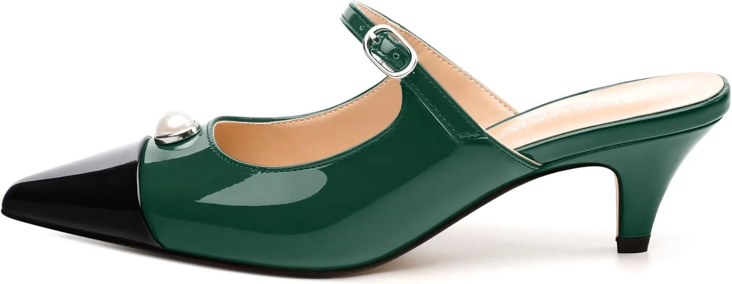 Women's Slide Sandals, Backstrap Buckle Low Kitten Heels, Two Toned Patchwork Pointed Toe, Fashion Party Daily Dress Shoes for Women