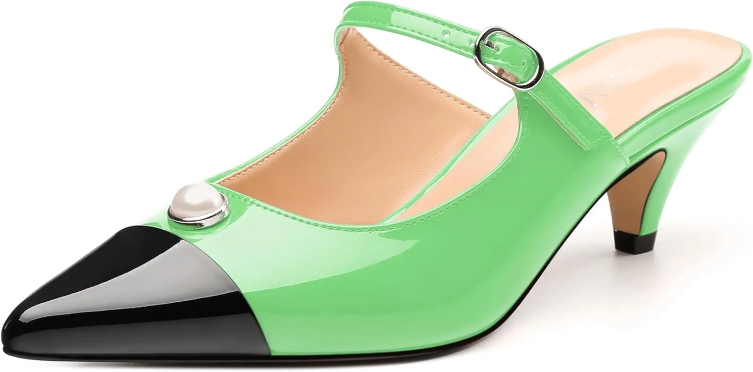 Women's Slide Sandals, Backstrap Buckle Low Kitten Heels, Two Toned Patchwork Pointed Toe, Fashion Party Daily Dress Shoes for Women