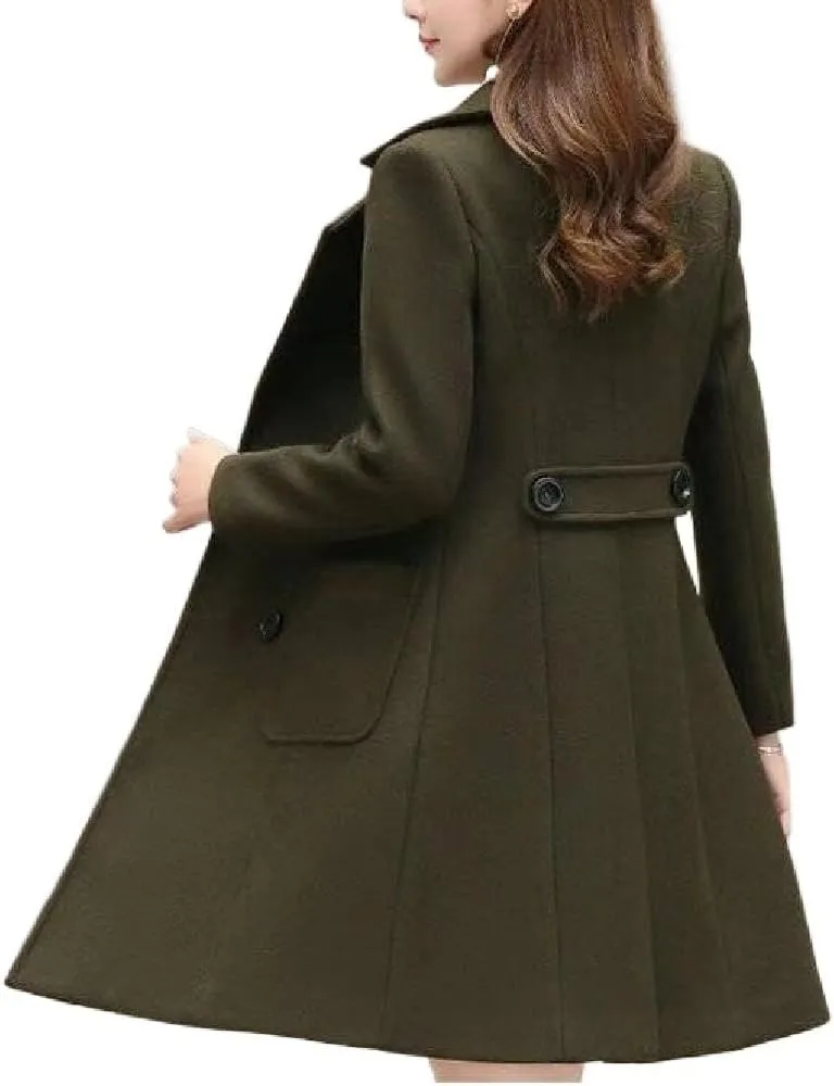 Women's Wool Blend Coat Winter Mid Long Double Breasted Overcoat Lapel Collar Outwear Jacket