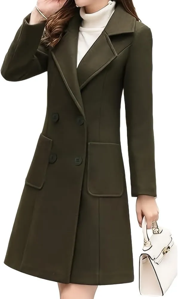 Women's Wool Blend Coat Winter Mid Long Double Breasted Overcoat Lapel Collar Outwear Jacket
