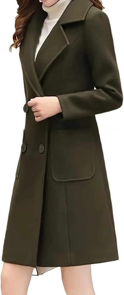 Women's Wool Blend Coat Winter Mid Long Double Breasted Overcoat Lapel Collar Outwear Jacket