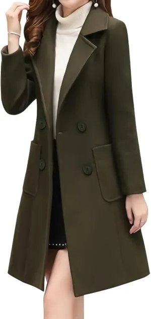 Women's Wool Blend Coat Winter Mid Long Double Breasted Overcoat Lapel Collar Outwear Jacket