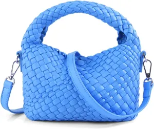 Woven Crossbody Bag Small Tote Cute Purse for Women,Top Handle Handbag Pu Leather Shoulderbag with Detachable Strap
