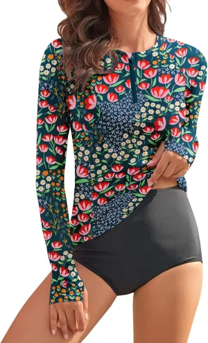 WOWENY Women Rash Guard Long Sleeve Swim Shirts UPF 50 Sun Protection Swimsuit Top Bathing Suit No Bottom