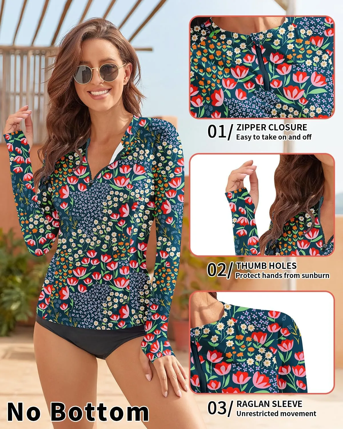 WOWENY Women Rash Guard Long Sleeve Swim Shirts UPF 50 Sun Protection Swimsuit Top Bathing Suit No Bottom