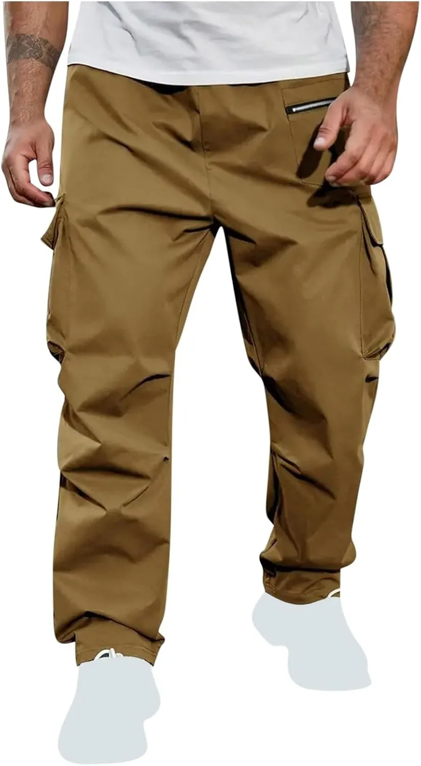 Xiaojmake Men's Casual Elastic Waist Cargo Pant with Zipper Pockets Loose Workout Pants Outdoor Hiking Running Tactical Pant