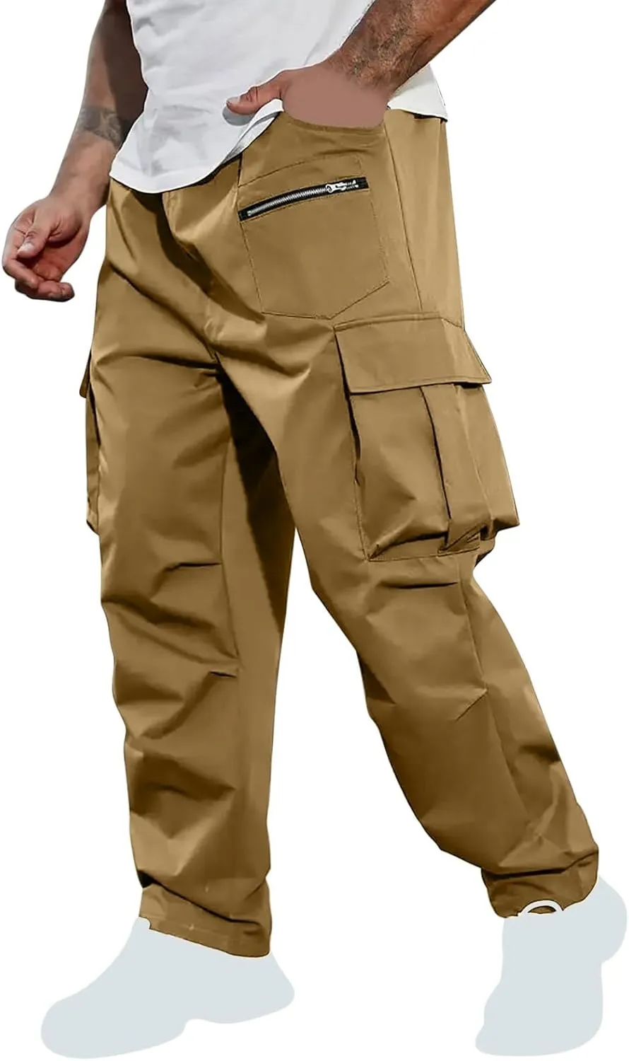 Xiaojmake Men's Casual Elastic Waist Cargo Pant with Zipper Pockets Loose Workout Pants Outdoor Hiking Running Tactical Pant