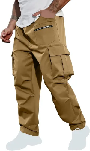 Xiaojmake Men's Casual Elastic Waist Cargo Pant with Zipper Pockets Loose Workout Pants Outdoor Hiking Running Tactical Pant