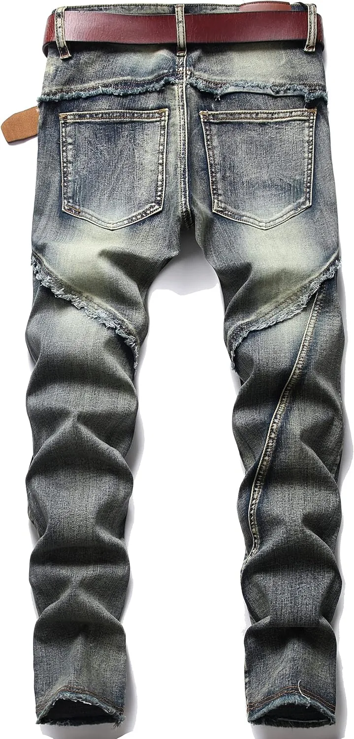 XIMXIMMTIAN Men's Biker Moto Washed Distressed Slim Fit Straight Jeans Denim…