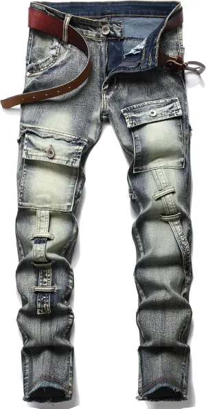 XIMXIMMTIAN Men's Biker Moto Washed Distressed Slim Fit Straight Jeans Denim…
