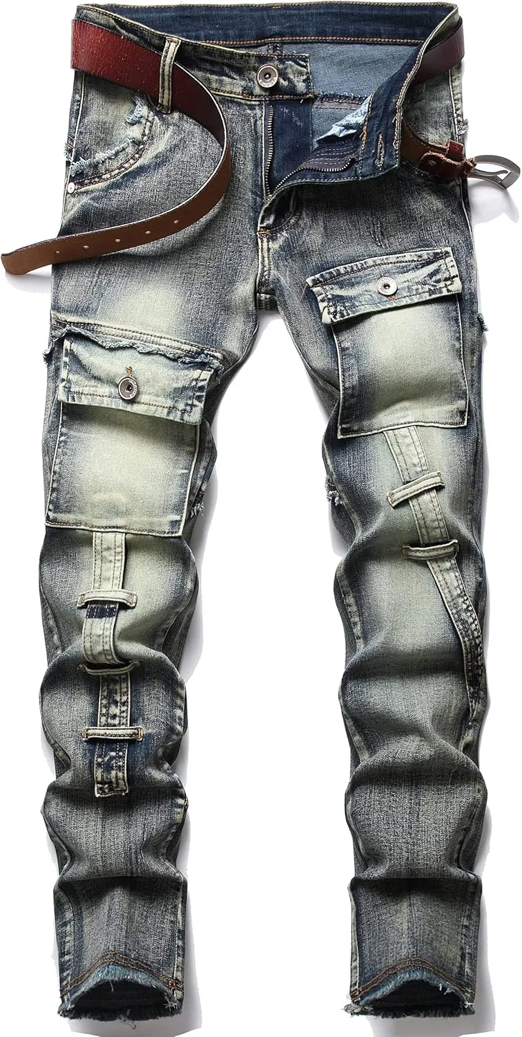 XIMXIMMTIAN Men's Biker Moto Washed Distressed Slim Fit Straight Jeans Denim…