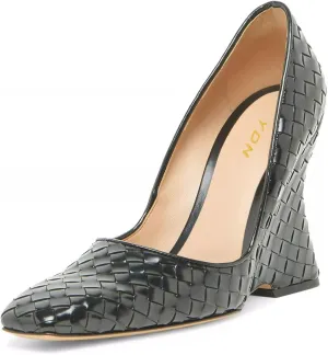 YDN Women Braid Pumps Wedge High Heels Closed Square Toe Slip On Shoes Dressy Business Prom Size 4-16 US