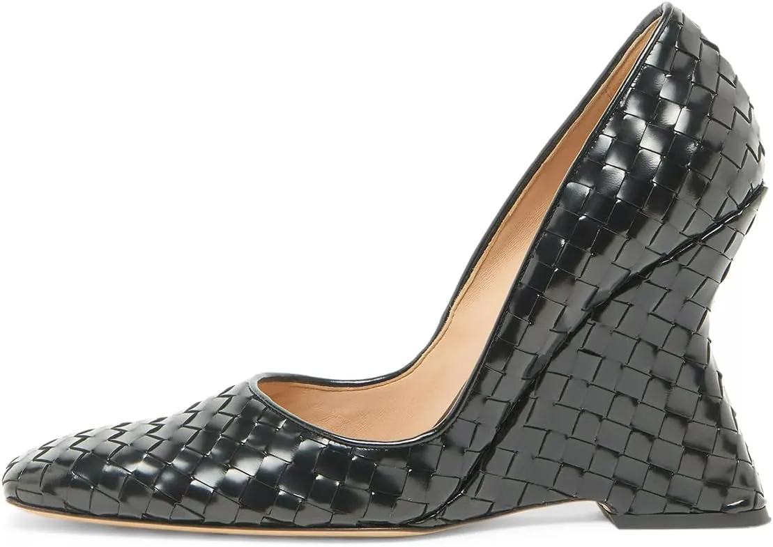 YDN Women Braid Pumps Wedge High Heels Closed Square Toe Slip On Shoes Dressy Business Prom Size 4-16 US