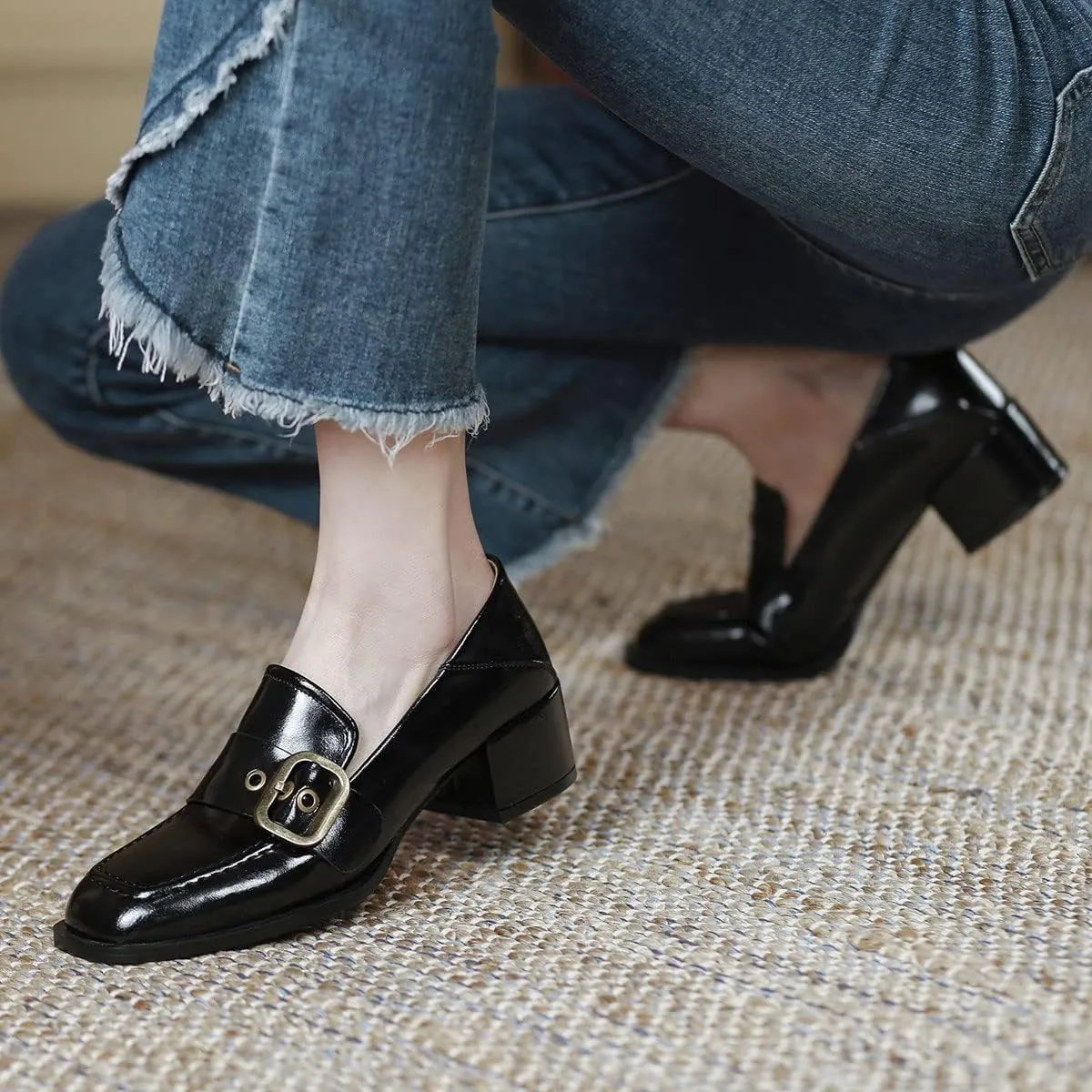 YDN Women Square Toe Heeled Loafers Slip on Block Low Heel Pumps Buckle Fashion Formal Wear Shoes Size 4-15 US