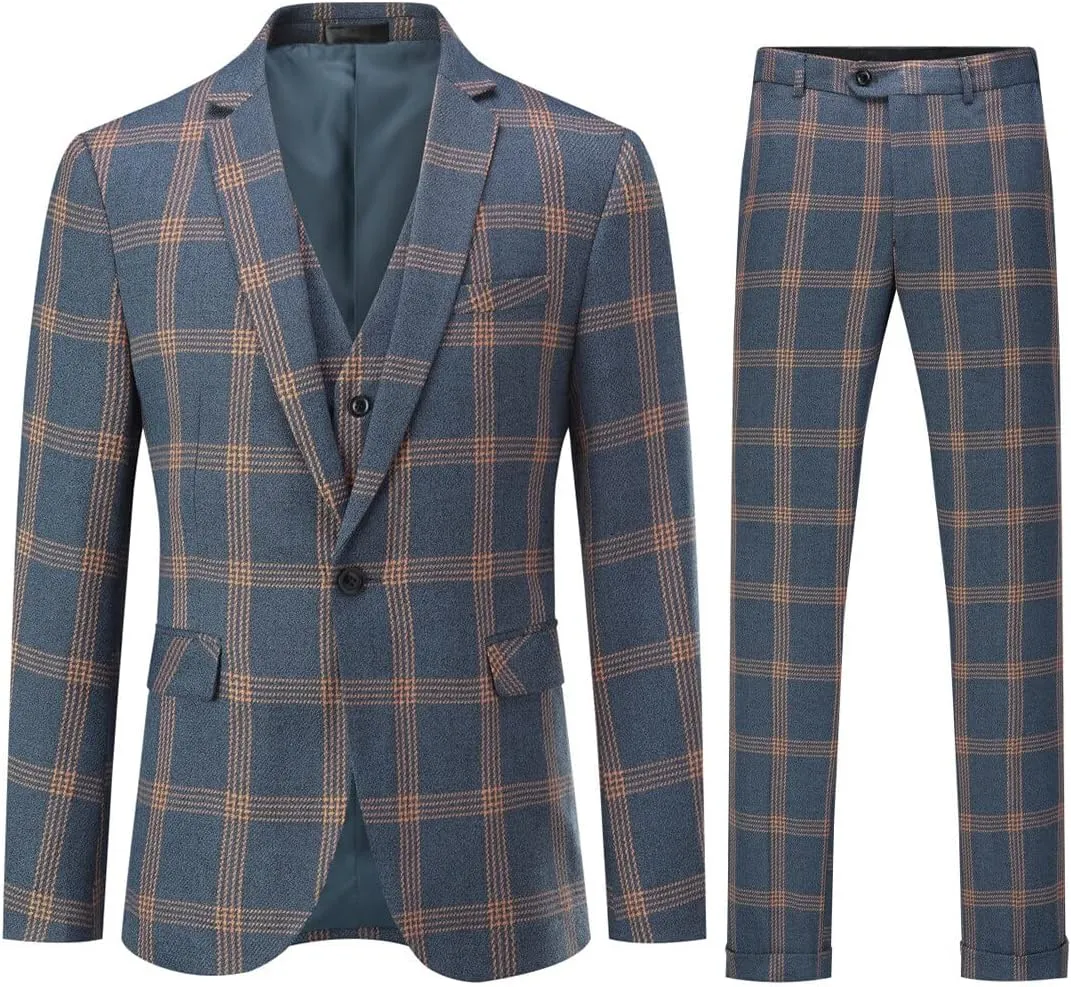 YFFUSHI Men's Plaid Tweed 3 Piece Suit Slim Fit Button Dinner Suit Tuxedo