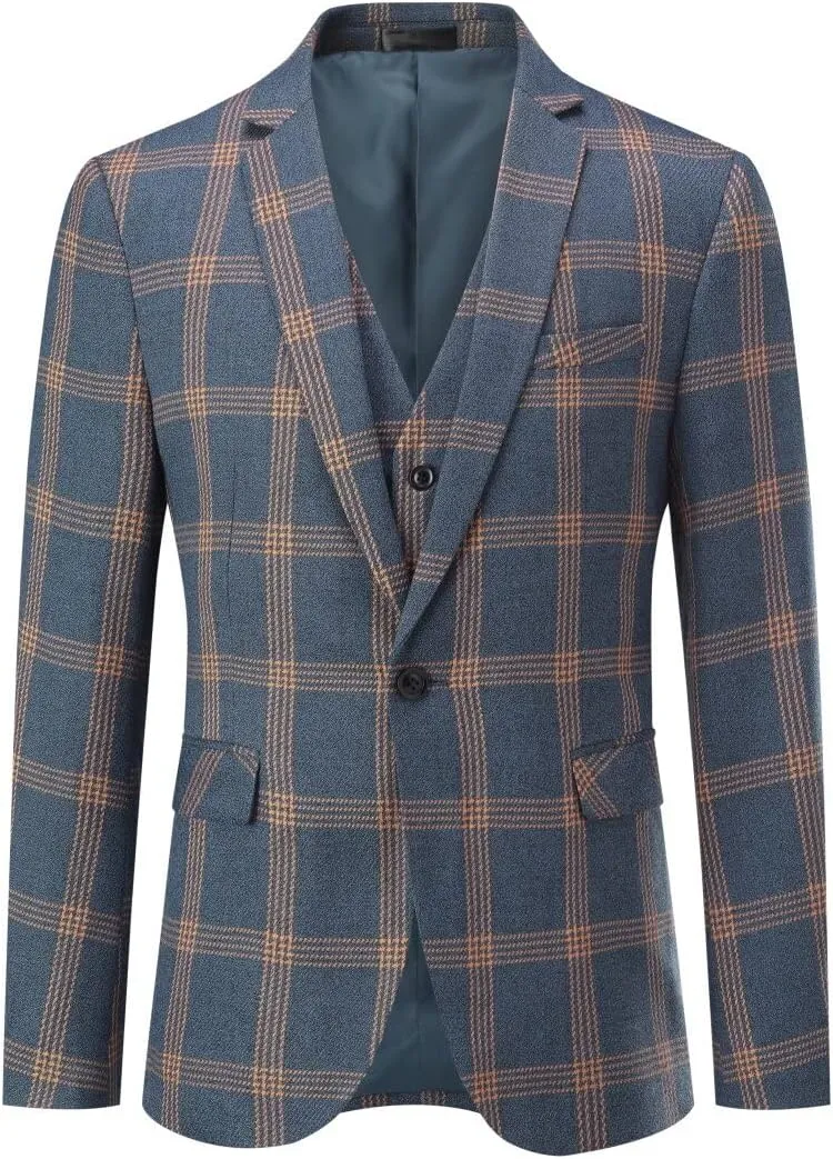 YFFUSHI Men's Plaid Tweed 3 Piece Suit Slim Fit Button Dinner Suit Tuxedo