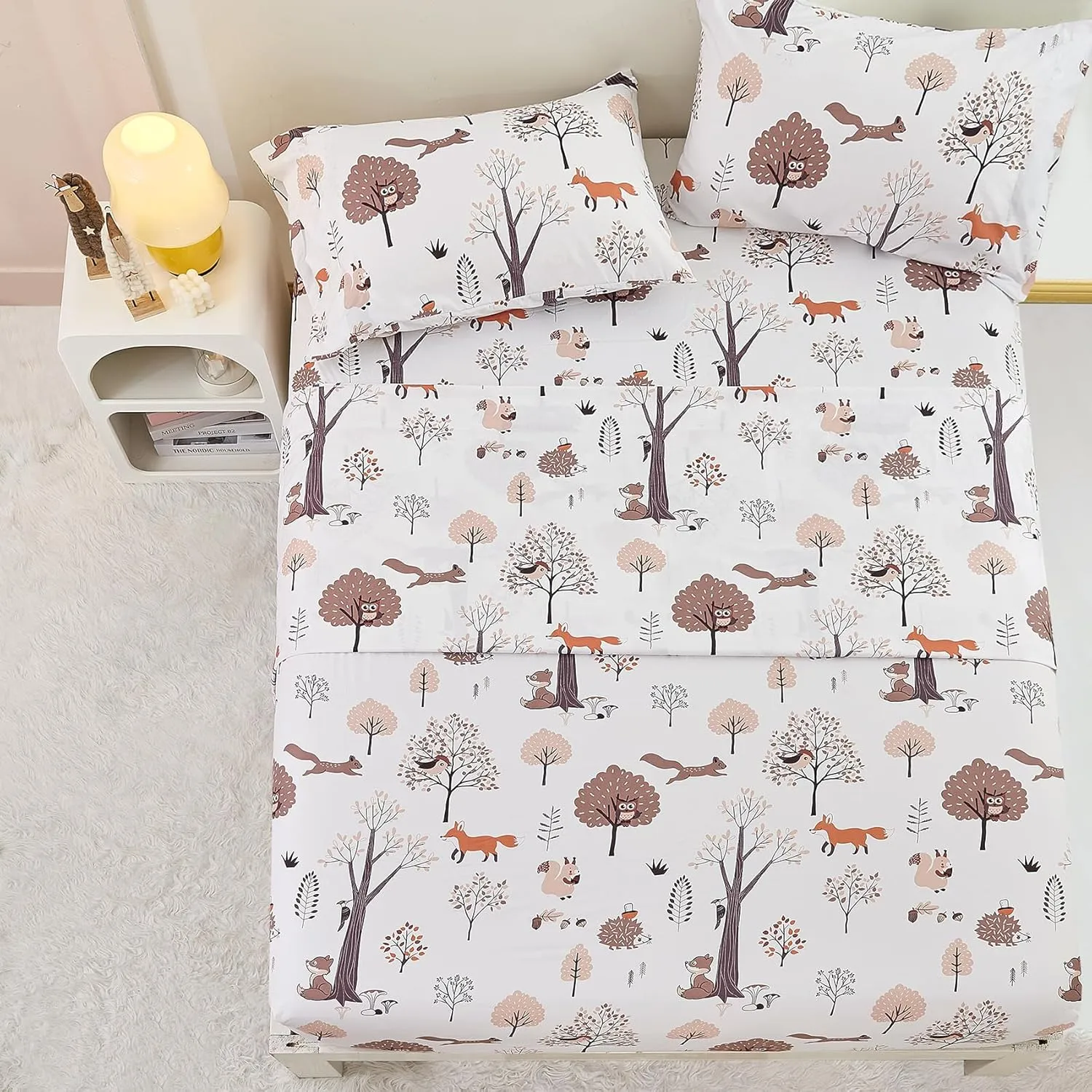 Yibeizi Woodland Forest Kids Sheets Set Twin, Fall Animal Print Bedsheets Camper Themed Microfiber Deep Pocket Bed Sheet & Pillowcase Sets 3 Pieces