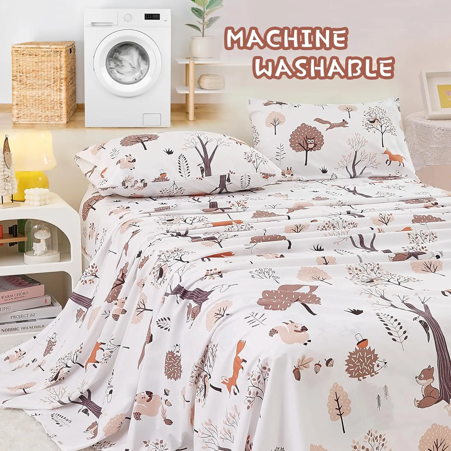 Yibeizi Woodland Forest Kids Sheets Set Twin, Fall Animal Print Bedsheets Camper Themed Microfiber Deep Pocket Bed Sheet & Pillowcase Sets 3 Pieces