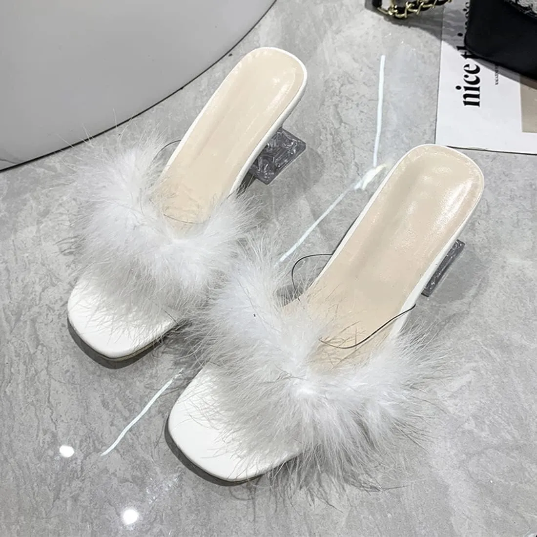 YIBLBOX Women's Fluffy Feather Square Toe High Clear Block Heel High Heels Wedding Dress Heel Sandal