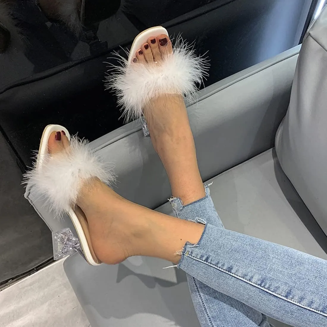 YIBLBOX Women's Fluffy Feather Square Toe High Clear Block Heel High Heels Wedding Dress Heel Sandal
