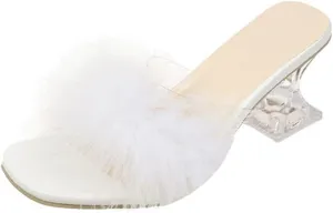 YIBLBOX Women's Fluffy Feather Square Toe High Clear Block Heel High Heels Wedding Dress Heel Sandal