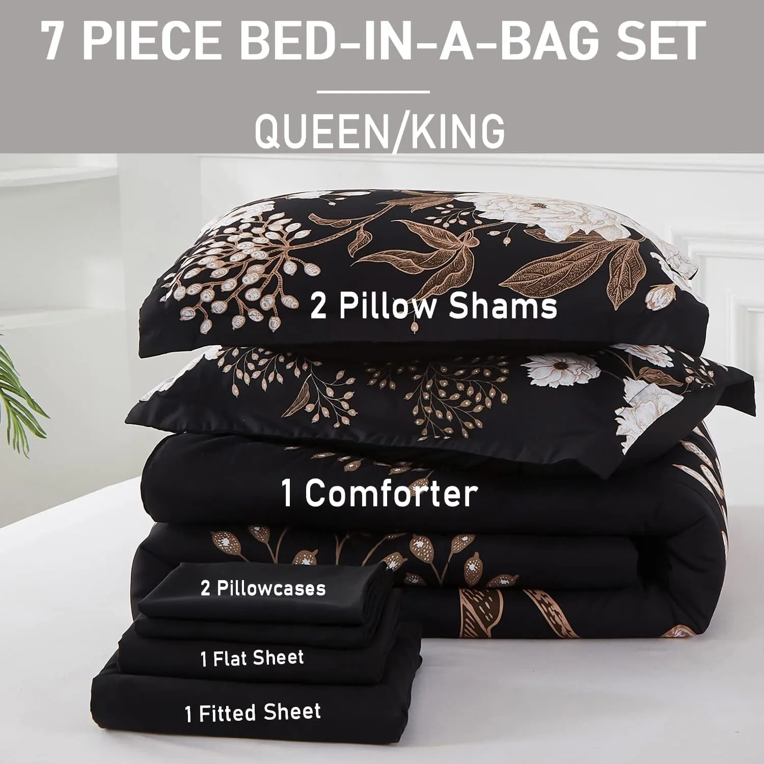 Yogeneg 7 Piece Bed in a Bag Queen Comforter Set Botanical Floral Bedding Set,White Flowers Leaves Printed on Black Reversible Design,Soft Microfiber Comforter with Sheet Set,All Season