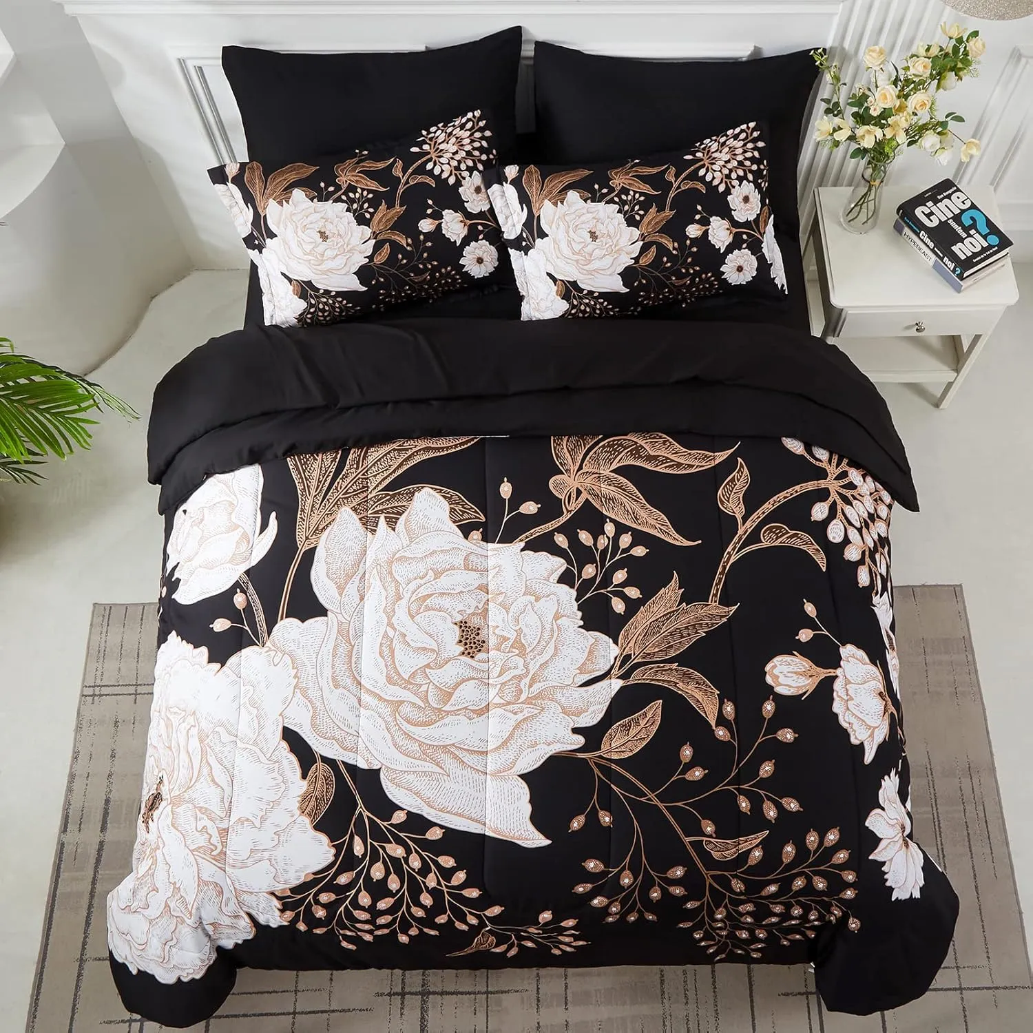 Yogeneg 7 Piece Bed in a Bag Queen Comforter Set Botanical Floral Bedding Set,White Flowers Leaves Printed on Black Reversible Design,Soft Microfiber Comforter with Sheet Set,All Season