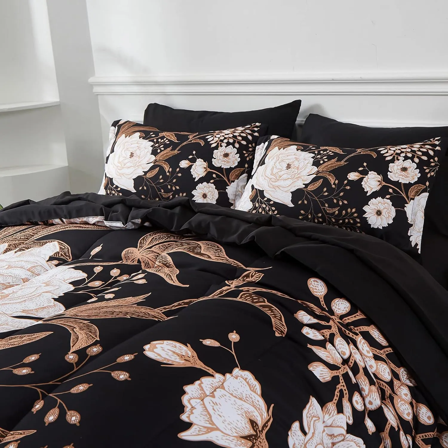 Yogeneg 7 Piece Bed in a Bag Queen Comforter Set Botanical Floral Bedding Set,White Flowers Leaves Printed on Black Reversible Design,Soft Microfiber Comforter with Sheet Set,All Season